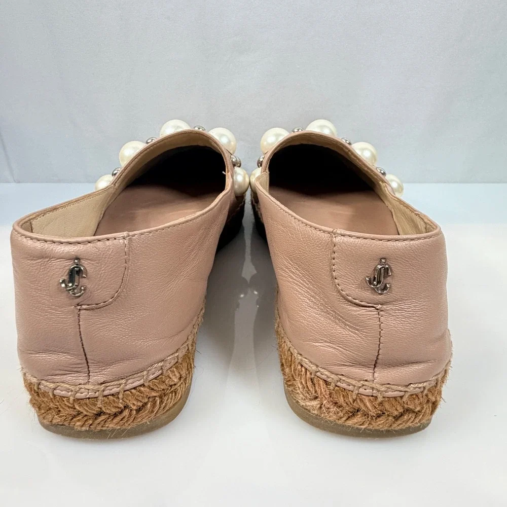 Jimmy Choo Blush Dru Leather Pearl Studded Espadrille Flats Pink Womens 36 6